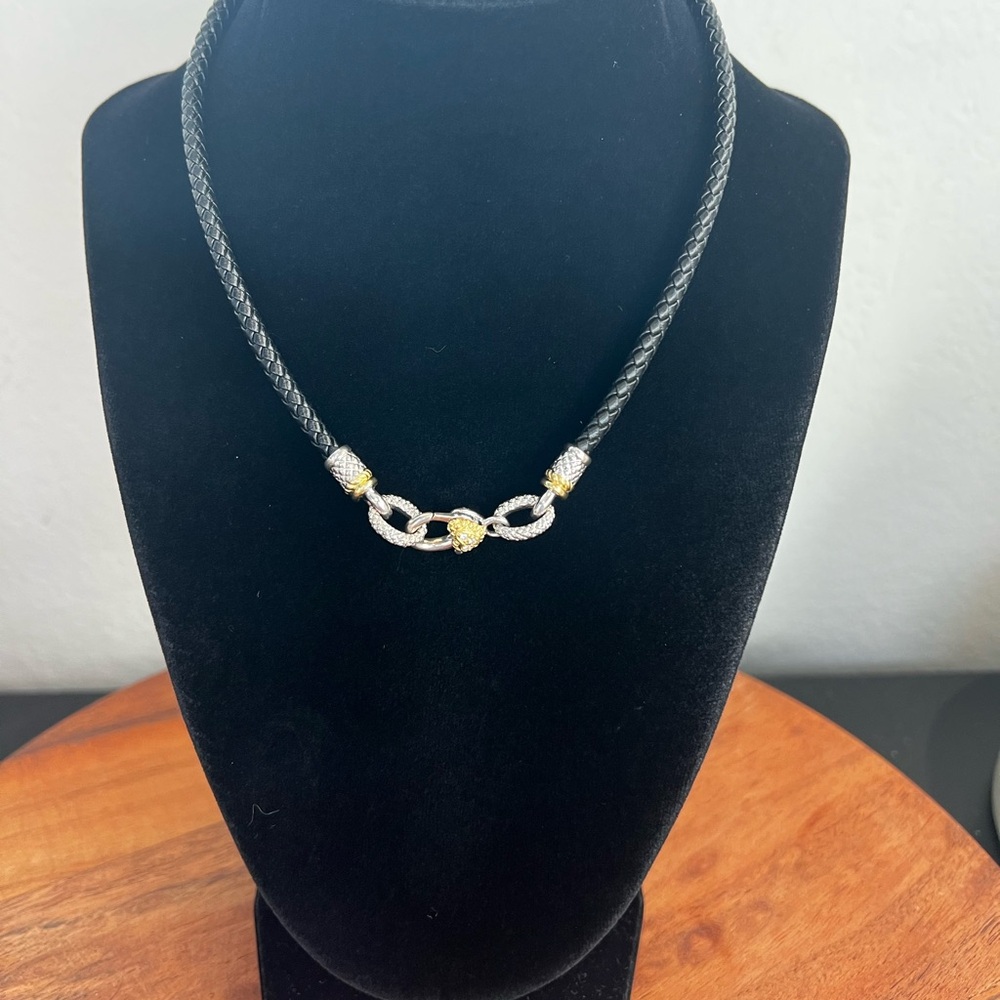 Judith Ripka JR TWO Sterling Silver 18K Diamond Leather Cord Necklace 15 3/4” - Picture 6 of 11
